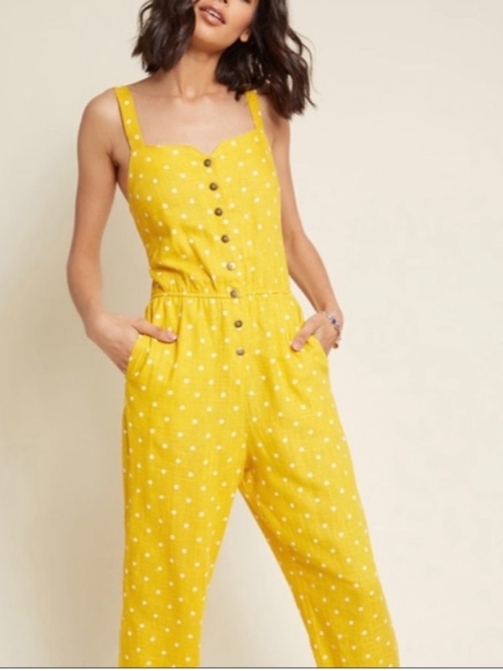ModCloth Yellow Polka‎ Dot Sleeveless Button Front Jumpsuit Small